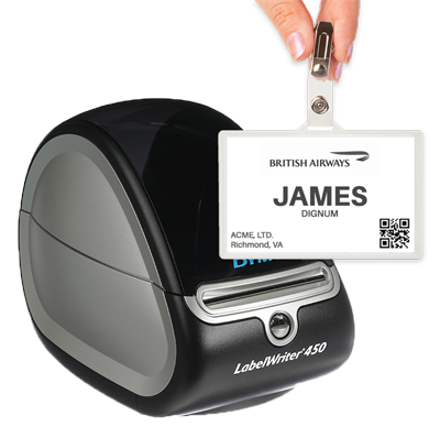 Black and grey Dymo printer with example badge and QR code