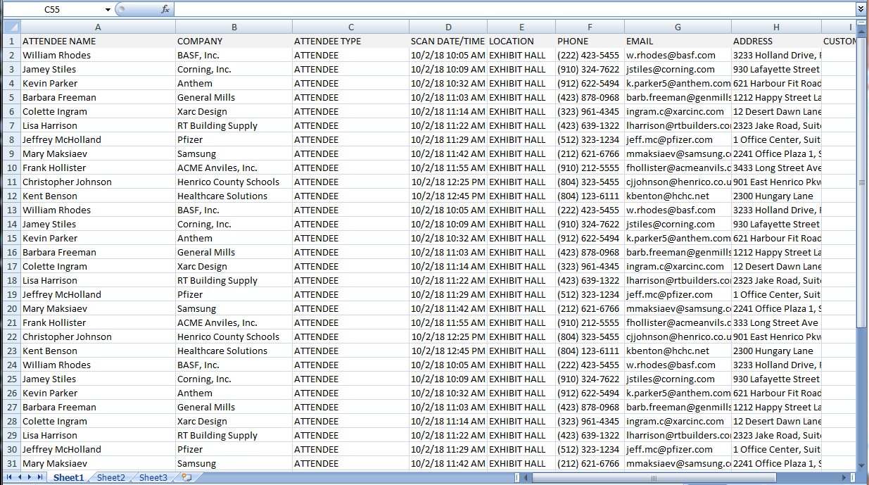 Screenshot of Excel Analytics data listed