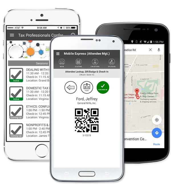 Three phones which shows mobile friendly event app