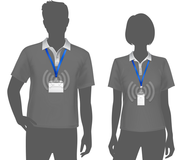 Male and female with RFID badges with a wifi signal